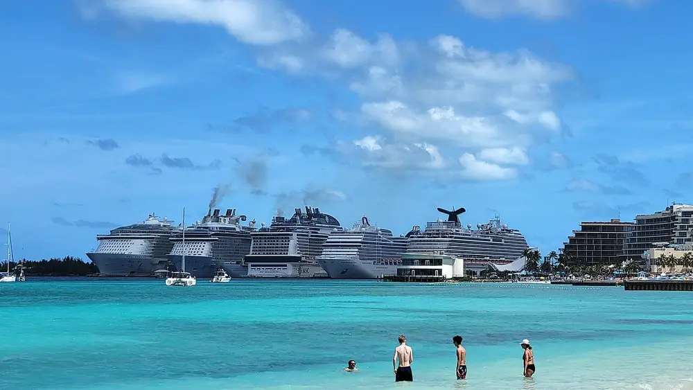 Reference view of Nassau cruise port from the beach