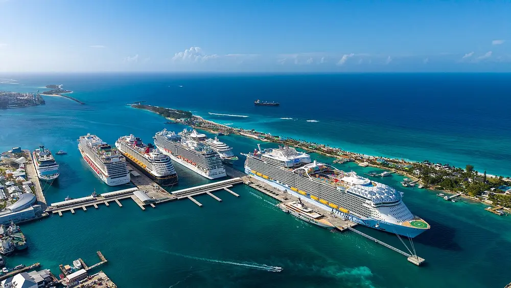 Reference aerial view of cruise ships in Nassau harbour
