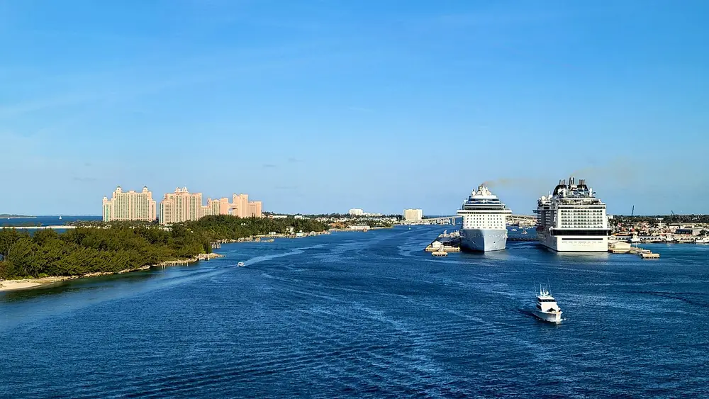 Reference view of Nassau port and Paradise Island, Bahamas