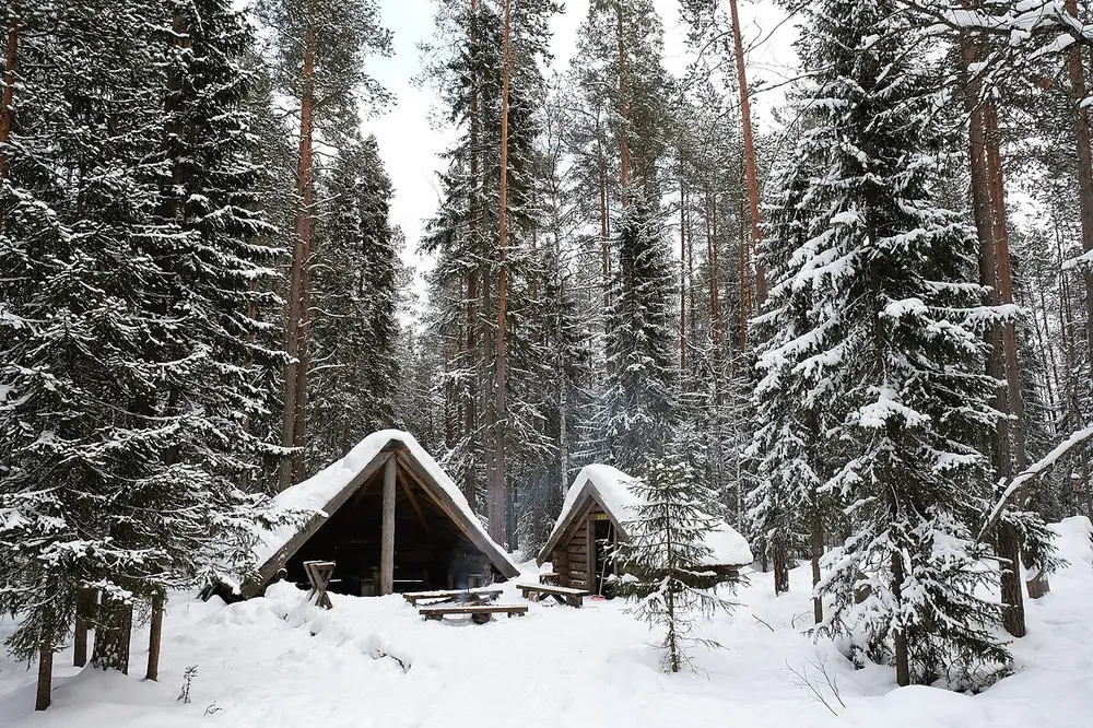 ロヴァニエミの雪の森の小屋